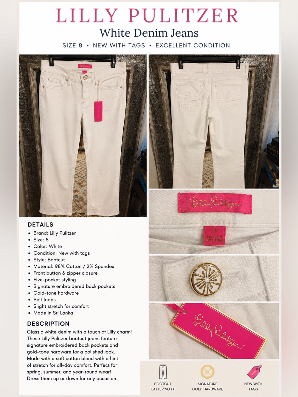 Lilly Pulitzer White Bootcut Jeans with Gold-Tone Button
